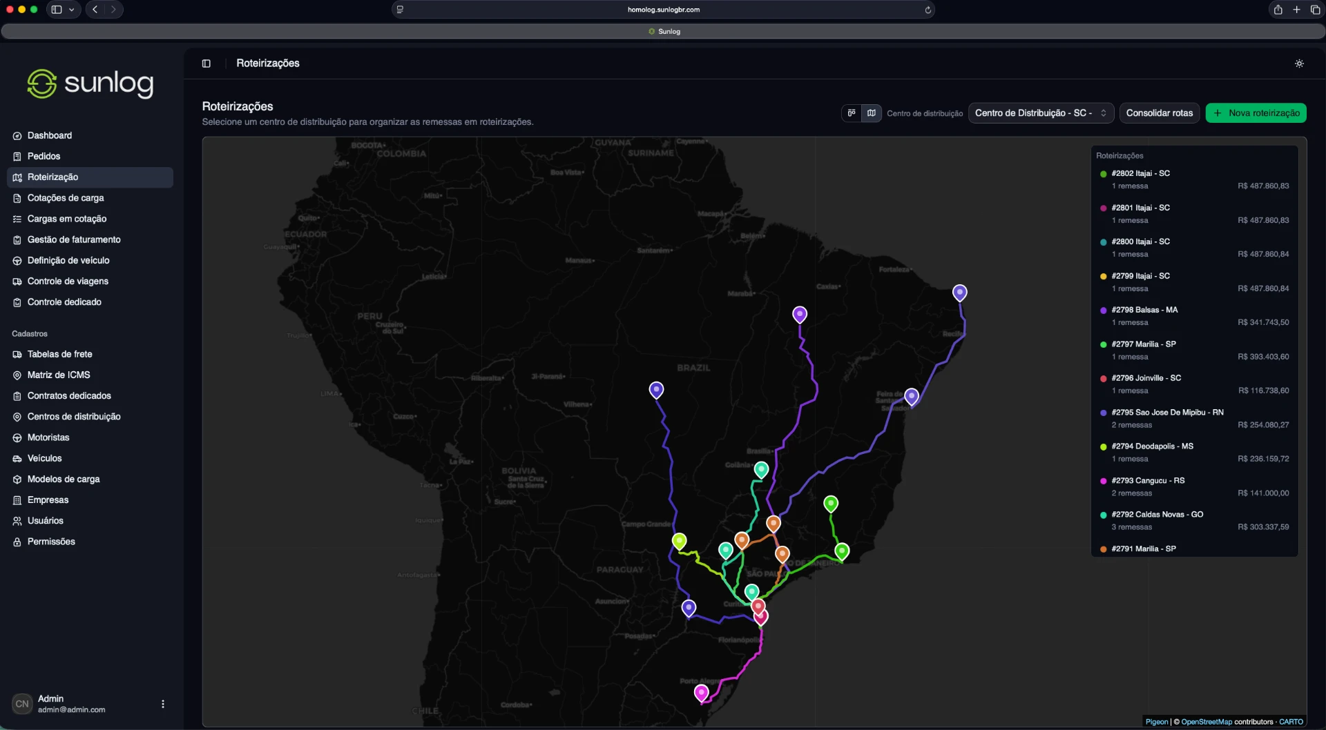 Dashboard da plataforma Sunlog