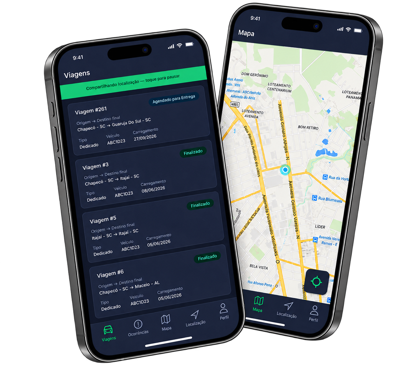 Aplicativo do motorista da Sunlog com lista de viagens e mapa em tempo real